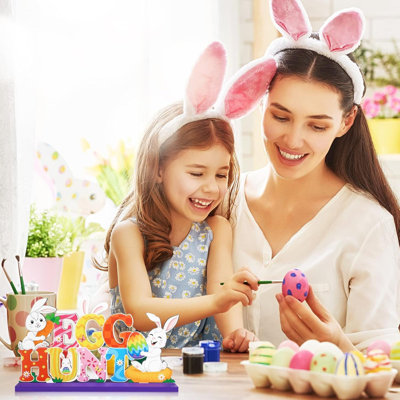 4 Pcs Happy Easter Table Sign Decoration Wooden Egg Hunt Tabletop Centerpiece Spring Party Bunny Sign Ornaments Easter Holiday Table Topper For Home Office Spring Holiday Party Decor Supplies