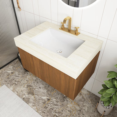 Meuble-lavabo en bois de chêne brun 30 po avec lavabo, comptoir en pierre frittée Roma Travertine et lavabo en céramique avec 3 trous de robinet pré-percés, armoire de rangement en contreplaqué flottant avec tiroir et porte, pré-assemblé