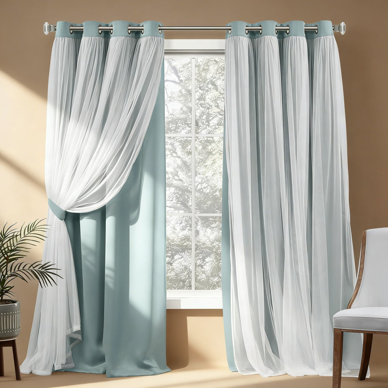 Double Layer Indoor Curtains 2-Pack - Sheer & Blackout Room Darkening Panels With Grommet Top, Energy Efficient Design