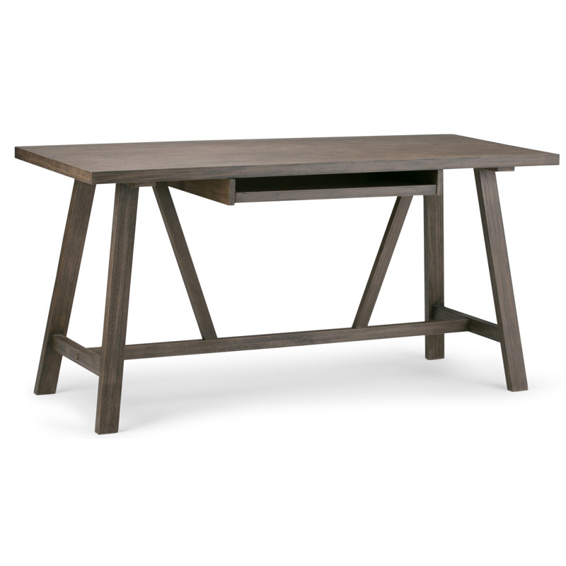 Dylan 60"W Solid Wood Desk, Modern Industrial Style with Keyboard Tray and Trestle Design, Driftwood