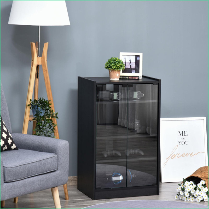 Meuble multimédia à 5 niveaux avec portes en verre trempé et amp; Tablettes réglables, noir vieilli | Panneau de particules | Salon
