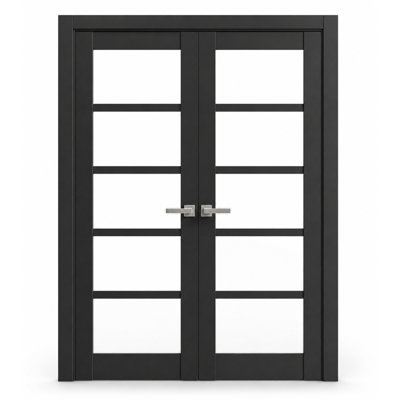Solid French Double Doors Quadro 4522 Matte Black with Clear Glass Wood Solid Panel Frame Trims Closet Bedroom Sturdy Doors 72 x 84 (2* 36x84)