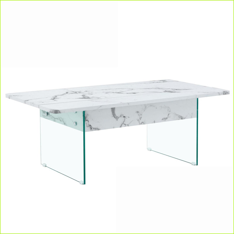 Table basse moderne à plateau relevable en marbre blanc avec pieds en verre trempé, facile à nettoyer et amp; Rangement spacieux