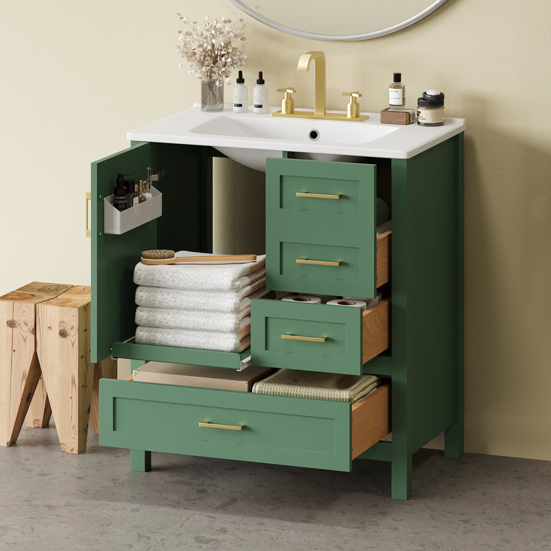 Meuble-lavabo simple 30 po avec comptoir en céramique, Vert / doré