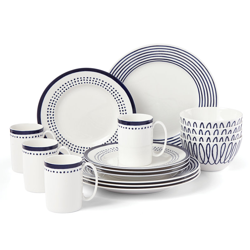 Charlotte Street Porcelain Dinnerware Set - Service for 4, Navy, Dot