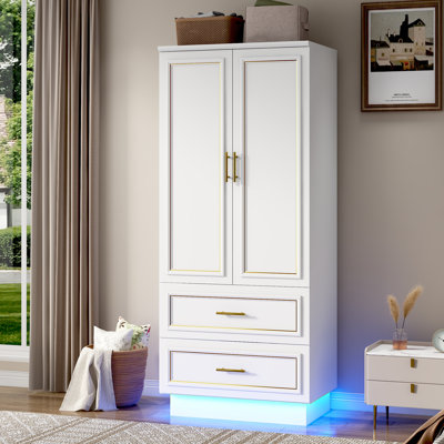 75" Tall 2 Doors  Modern Wardrobe Closet With LED Lights and 2 Drawers, Armoire Wardrobe Closet with Hanging Rod