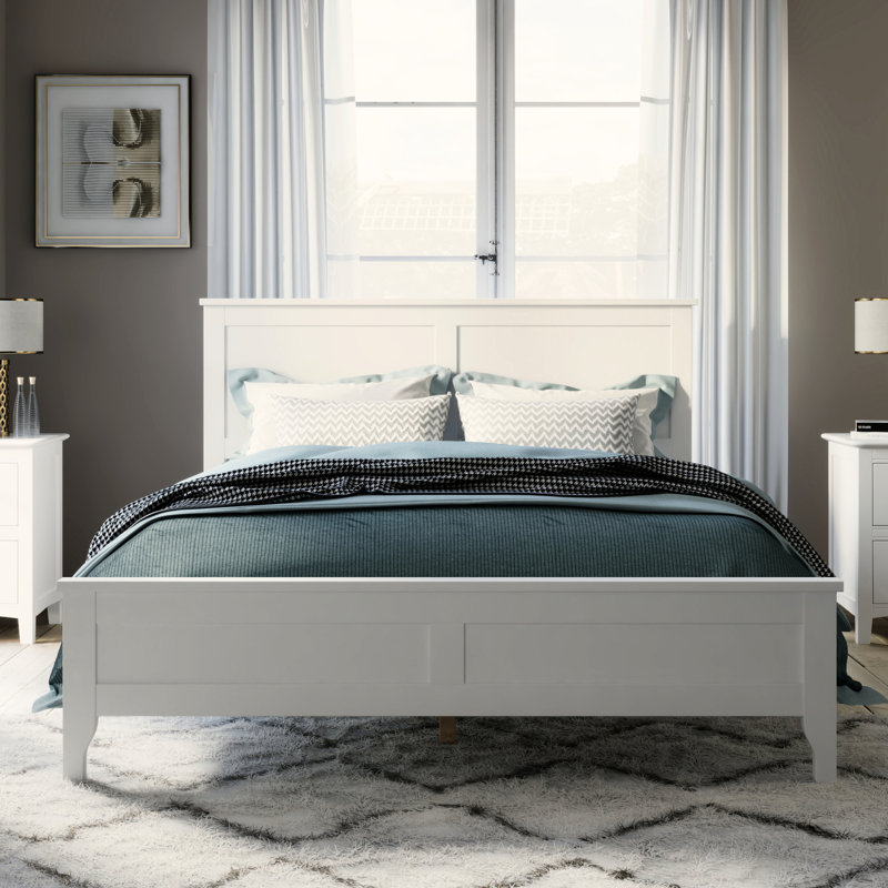 Lit double moderne blanc avec tête de lit améliorée et fabrication en bois de pin, revêtement naturel, usure facile à nettoyer