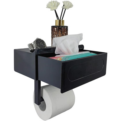 Porte-papier hygiénique mural noir et lingettes - Organisateur de salle de bain avec tablette et tiroir