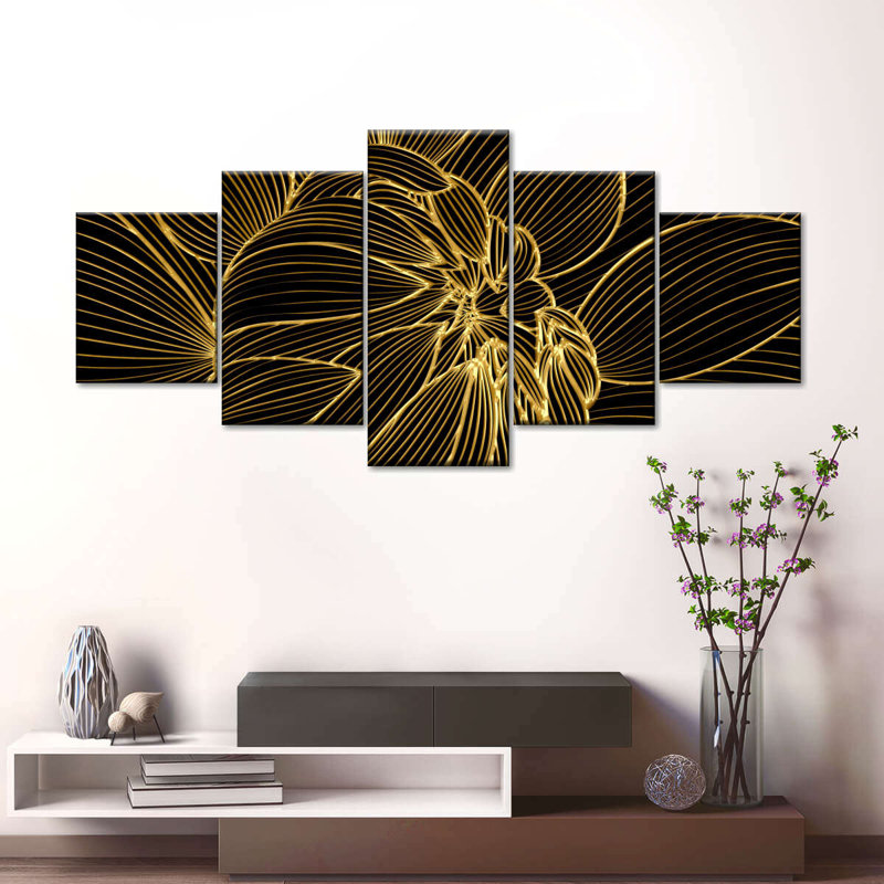 Golden Dahlia, ensemble de 5 reproductions sur toile par Anna LuxArt, H 24 po x l 55 po x P 1,25 po