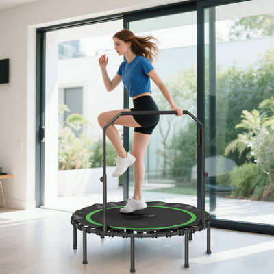 48" Rebounder Trampoline for Adults, 440lbs Foldable Mini Trampoline with Adjustable Handle, Quiet and Safe Bungee Rebounder Jumping Cardio Trainer for Indoor Outdoor Fitness Workout, Green