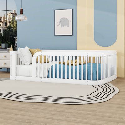 Full-Size Wood Floor Bed Frame With Fence Guardrails