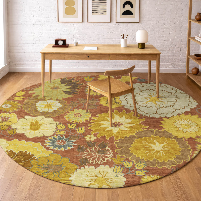 Tapis floral lavable à la machine de qualité supérieure Mayfield AMF2294, Terre cuite, Rond 8 pi
