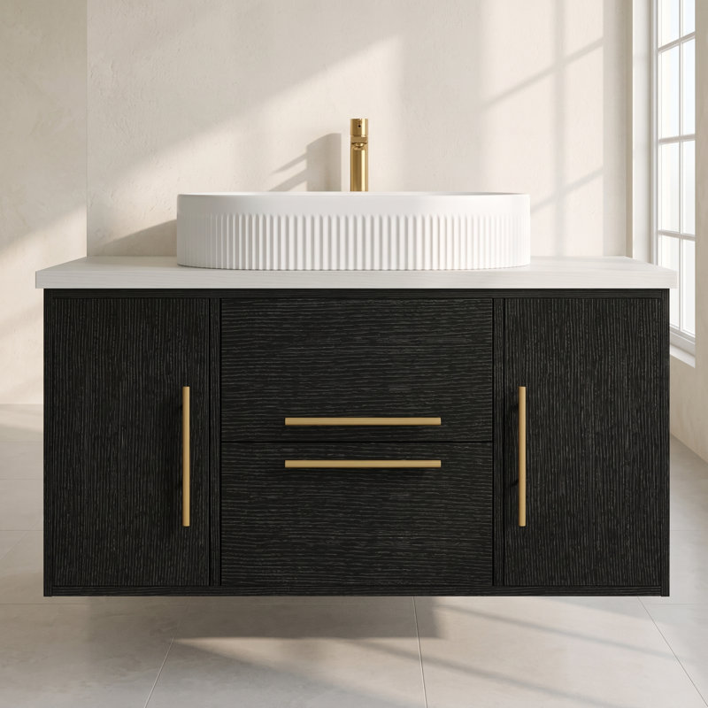Meuble-lavabo mural noir de 100 cm (39,4 po) avec lavabo ovale en céramique, 2 tiroirs et 2 portes.