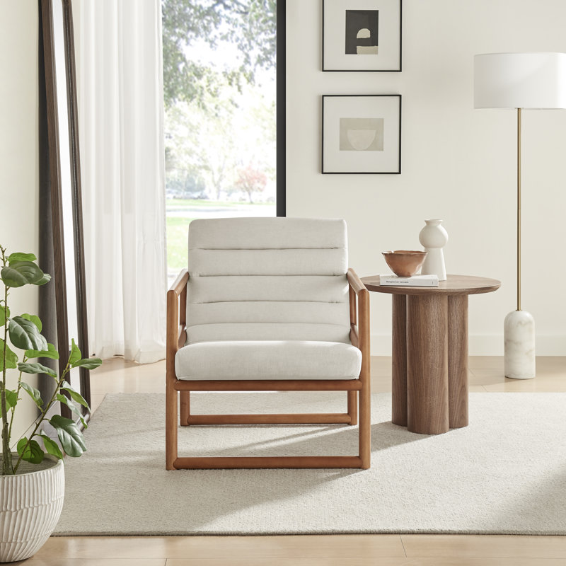 Caslia Upholstered Beige Fabric Mid Century Modern Accent Chair - Teak Effect Frame & Ribbed Style