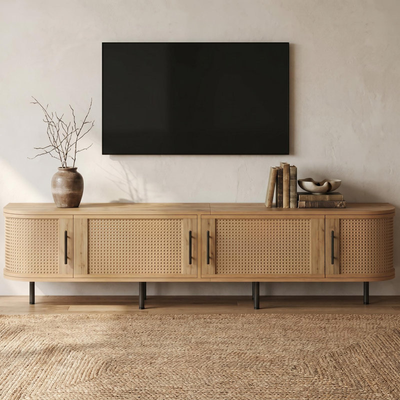 Meuble télé 70 po pour téléviseur de 70 po ou moins en rotin moderne, console multimédia avec rangement, trous pour câbles, pieds en fer pour le salon