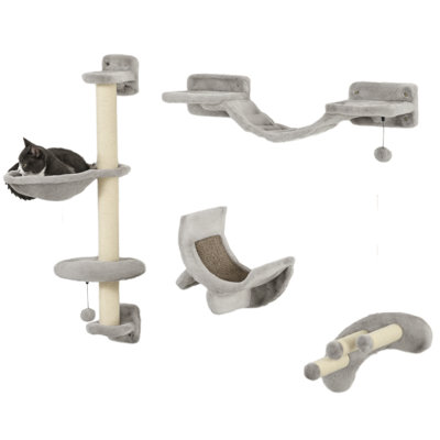 Tucker Murphy Pet™ 4Pcs Cat Wall Shelf With Scratching Post, Jumping Platform With Soft Ladder, Cat Wall Shelves For Relaxing, Sleeping, Climbing, Cat Wall With Soft Hammock And Play Balls, Grey