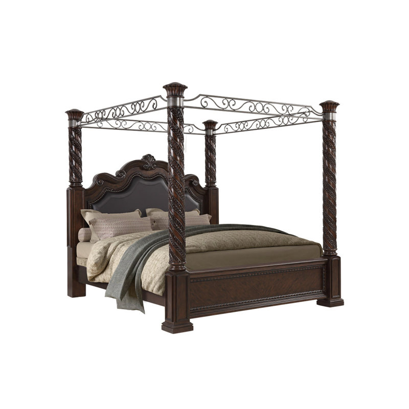 Grothe Upholstered Panel Canopy Bed – Pecan Veneer, Traditional Wood Poster Bed, King