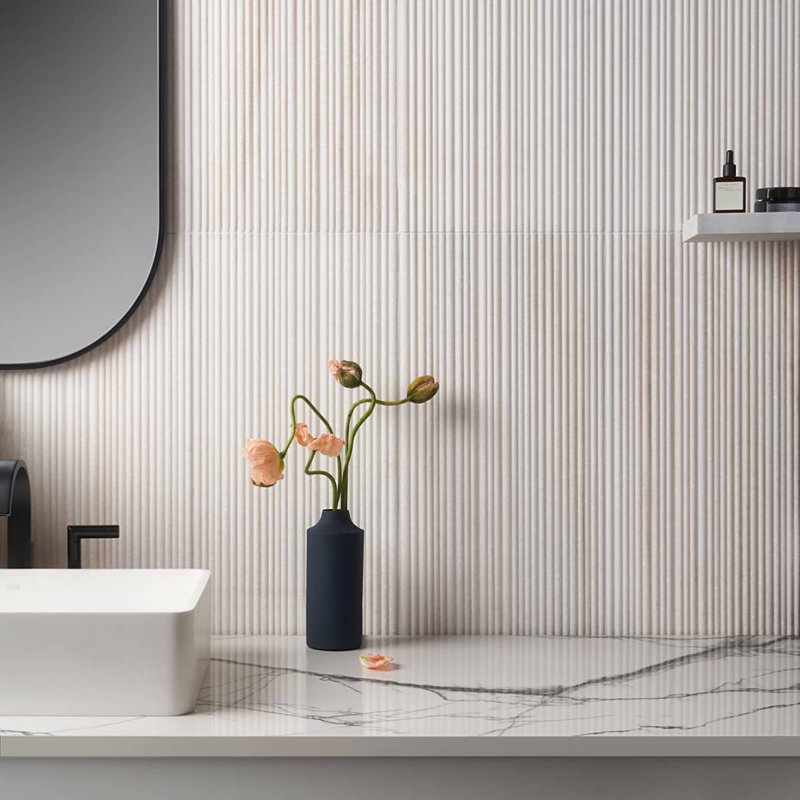 Waves Golden Valley 12X24 Fluted 3D Honed Marble Tile, Golden Valley White