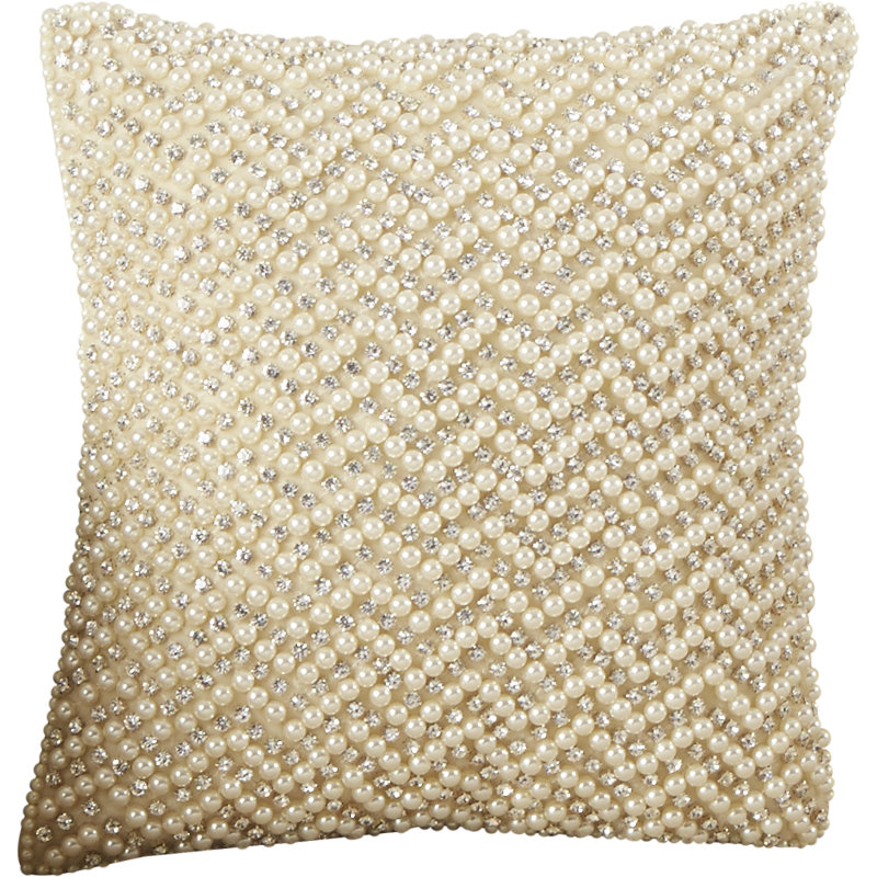 Ivory Embroidered Square Throw Pillow with Pearl Accents