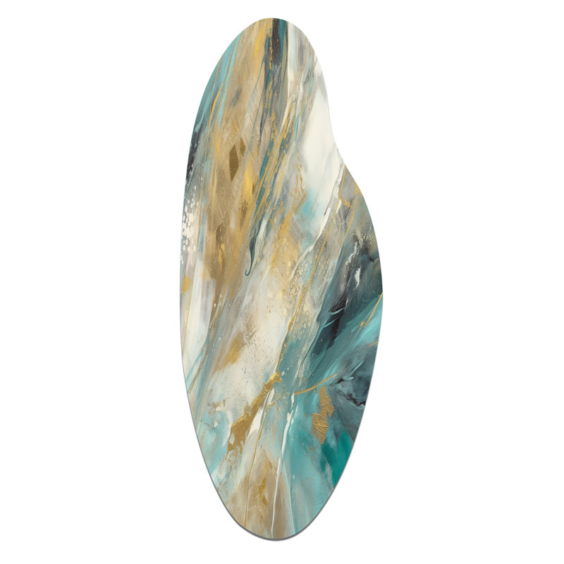 «Golden Hour In Turquoise Waves IV», art mural asymétrique en métal, H 30 po x l 11 po