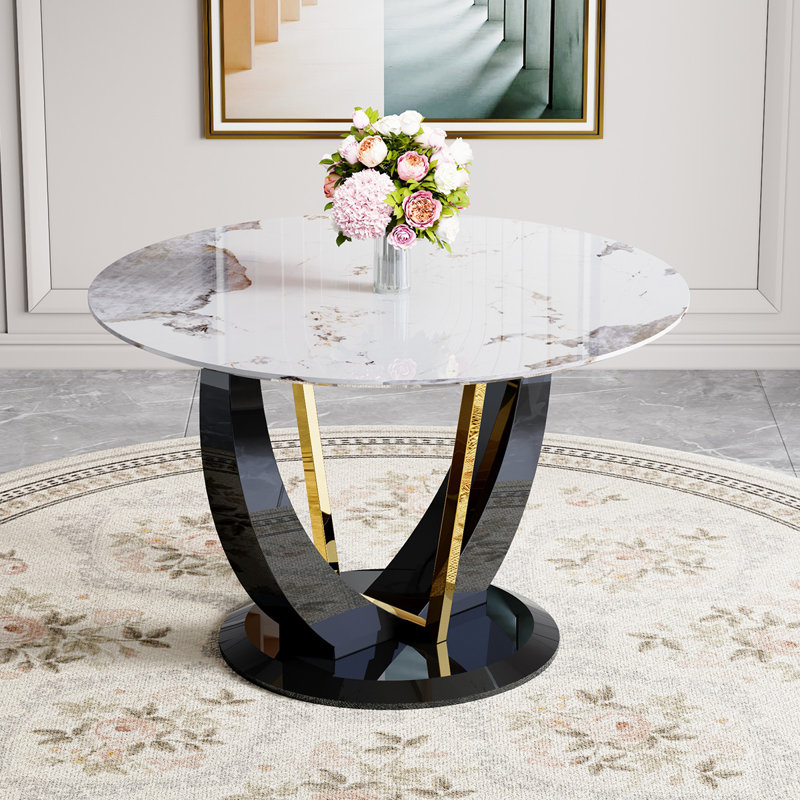 Table de salle à manger en verre, H 30 po x L 48 po x l 48 po, Blanc / noir / or