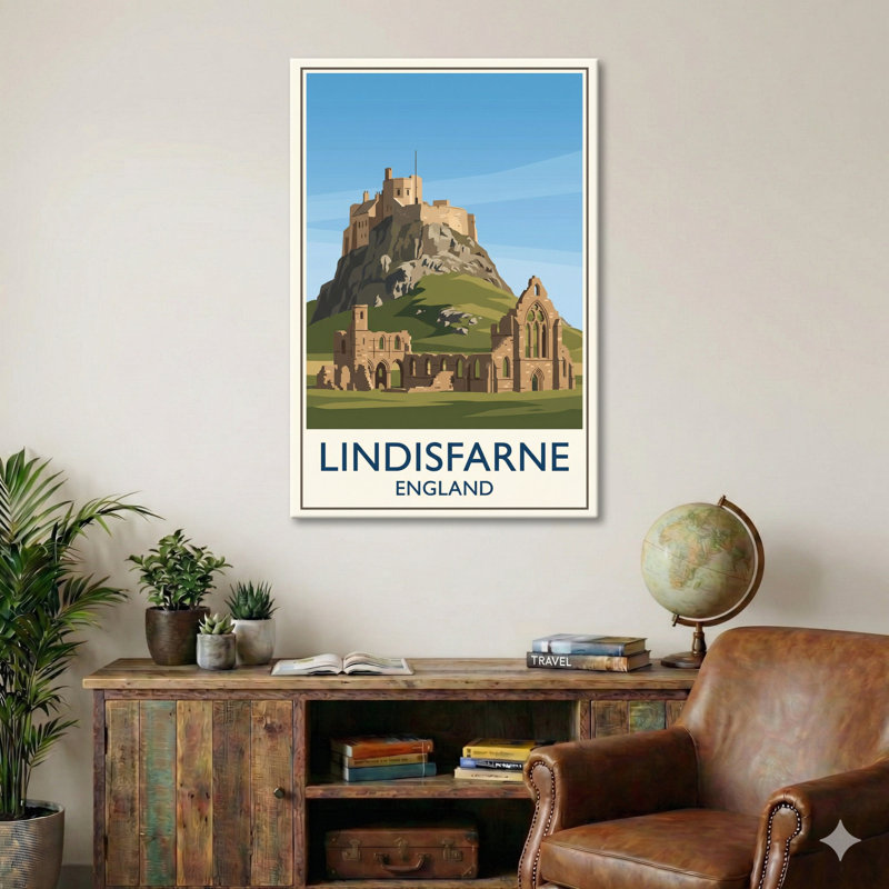 Lindisfarne, England - Holy Island Travel Poster: Romantic Abbey, Castle And Tidal Causeway. Giclee Print On Wrapped Canvas. Wall Art, Home Decor - Religious & Cultural Sites, England - Wrapped Canvas Print