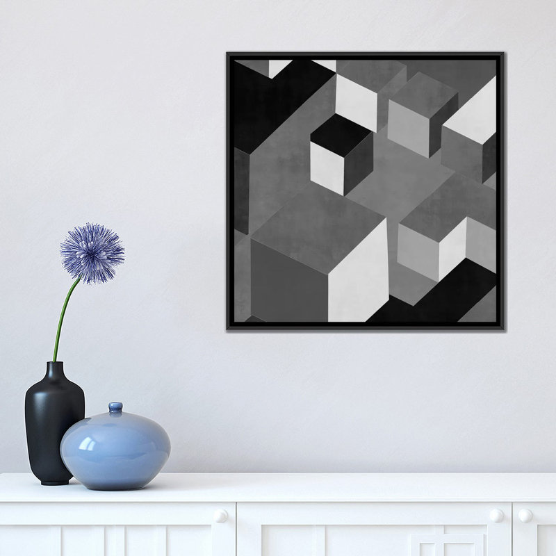 «Cubic I», impression sur toile tendue en gris, H 18 po x l 18 po x P 1,5 po, Toile avec cadre noir, Pas de tapis