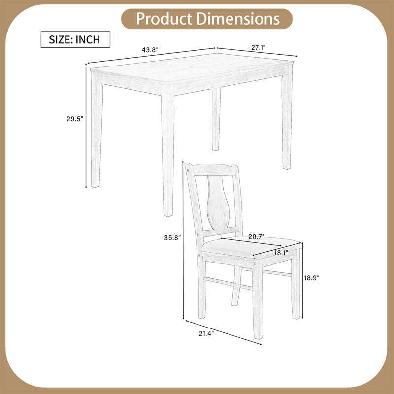 Ensemble de salle à manger rectangulaire L 43,8 po x l 27,1 po, Bois naturel