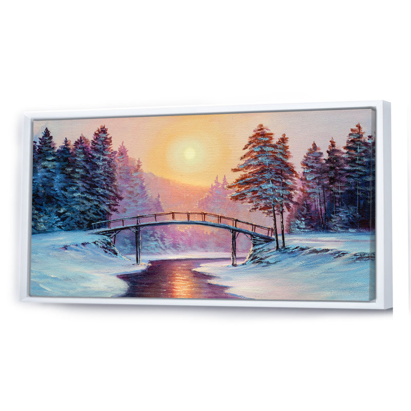 «Sunset on Winter River Bridge Scenery II», peinture sur toile, H 24 po x l 36 po x P 1 po, Cadre blanc
