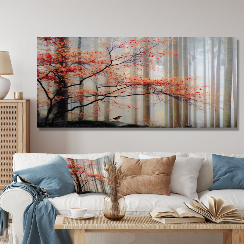 Forêt d'automne matin rosée au Québec - forêt, décoration murale, art mural rouge encadré, H 28 po x l 60 po, Toile tendue