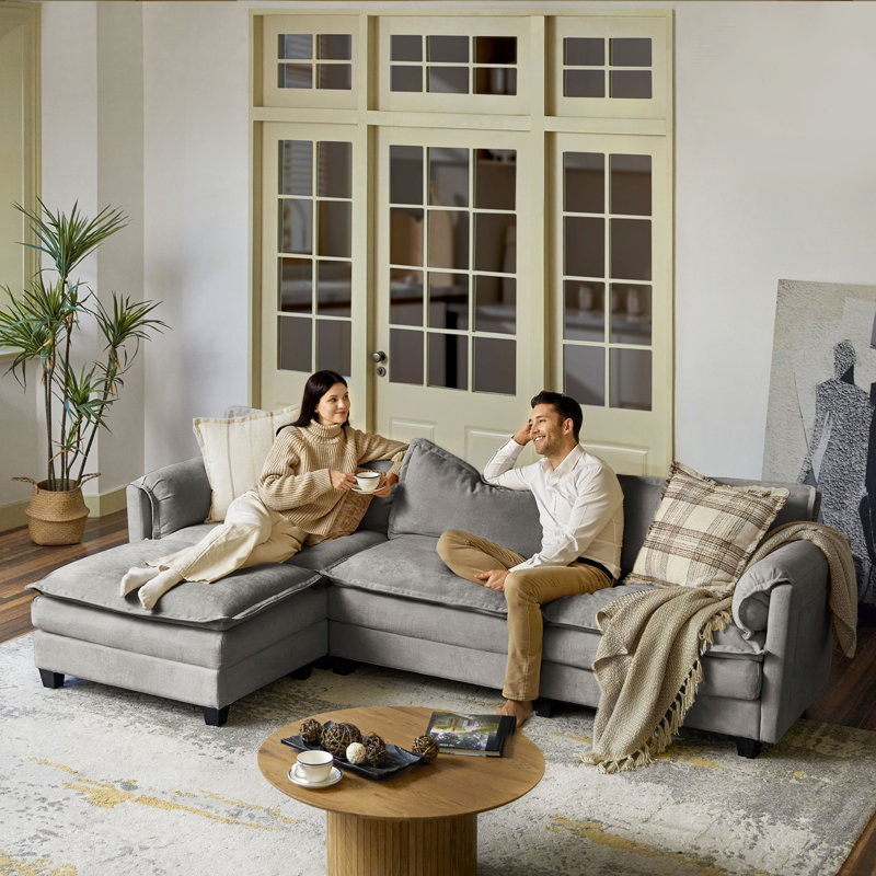 Herrick 108"W Modern Elephant Ear-Shaped Armrests Sectional Sofa with Ottoman, Light Gray Polyester