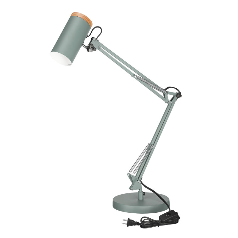 Adjustable Metal Table Lamp, Large Size Max Height 29.7", E26 Base, Swing Arm Desk Light with Wooden Accent, Dark Green