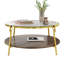 Table basse moderne à 2 niveaux en noyer avec plateau en verre et base dorée Modern