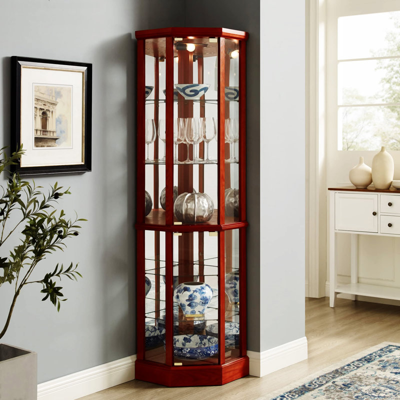 Vitrine de coin lumineuse 6 tablettes avec tablettes réglables en verre trempé et dossier en miroir, Cerisier