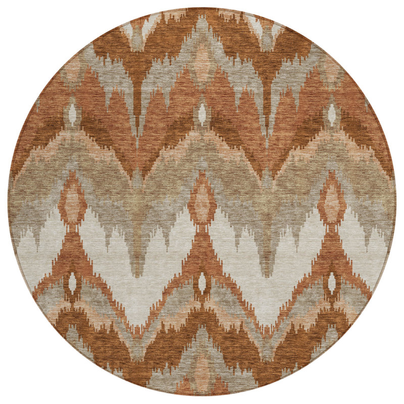 Tapis rond lavable intérieur ikat 8 pi beige et cuivre orange