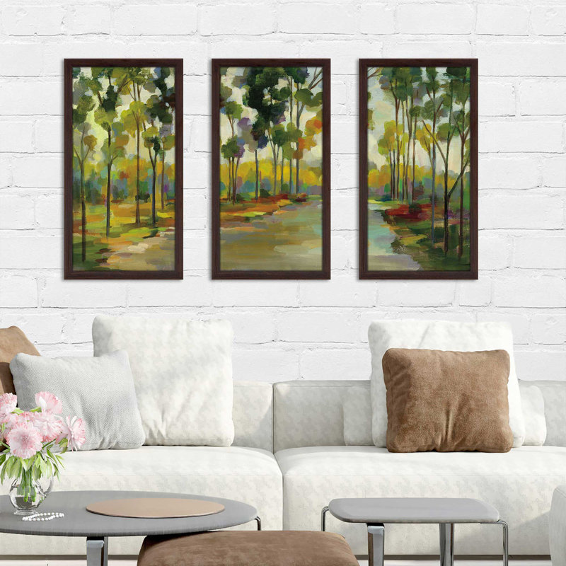 Chemin dans la forêt - peinture encadrée 3 pièces, L 52,5 po x H 33,5 po x P 1 po