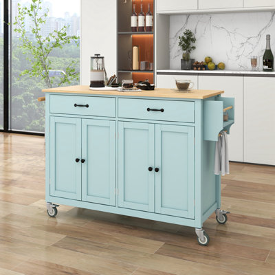 Chariot pour îlot de cuisine avec 4 portes, 2 tiroirs et 2 roulettes verrouillables - plateau en bois massif, tablettes réglables