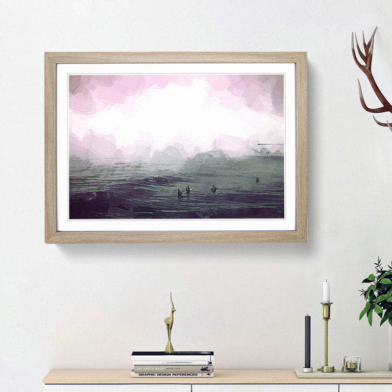 Surfers in the Water in Abstract - Picture Frame Graphic Art Print, 62cm H x 87cm W x 2cm D, Oak Framed