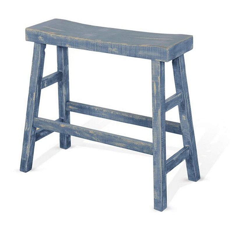 Rena Bar Height Bench | Trestle Legs with Footrests | 33" Wide Mahogany Wood, 30" H x 33" W x 15.5" D, Blue