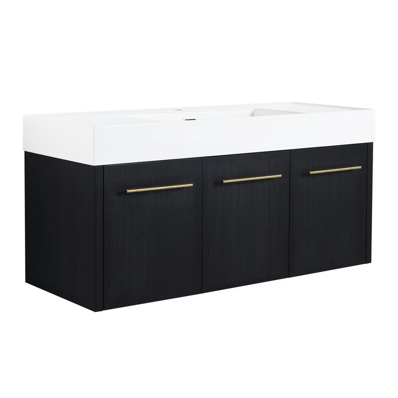 Bathroom Vanity With Sink 48". Wall Mounted, Black Chestnut. Thick Resin Basin, Smooth Hinges, Plywood Build Vanity, 48 Inch . Chestnut Tone, Unit