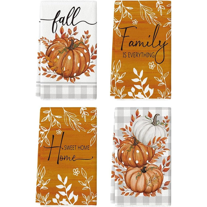 Orange Buffalo Plaid Polka Dot Pumpkin Fall Kitchen Towels Dish Towels, 18X26 Inch Farmhouse Eucalyptus Leaves Decoration Hand Towels Set Of 4