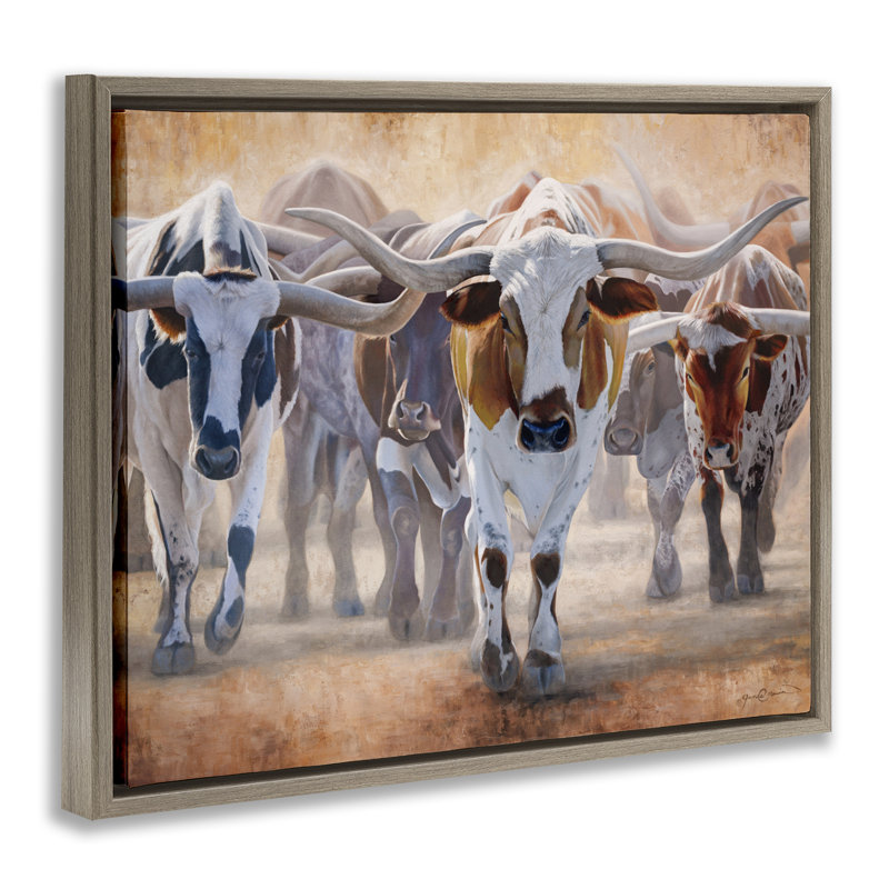 Cadre flottant Trotting Longhorn, par James Corwin, H 17 po x l 21 po, Cadre flottant orme Montalcino