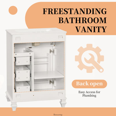 Meuble-lavabo autoportant de 24 po avec comptoir d'évier, armoire en bois massif et panneau de fibres à densité moyenne avec tiroir rabattable, 3 tiroirs et armoire de rangement, comptoir d'évier en céramique, vert