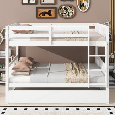Full Over Full Rubber Wood Bunk Bed With Trundle, Ladder And Guardrails, Convertible To 2 Full Size Beds, With Twin Size Trundle