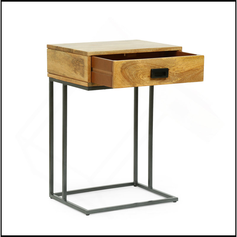 Table polyvalente en forme de C avec plateau en bois de manguier et tiroir de rangement, idéale pour tout espace de vie