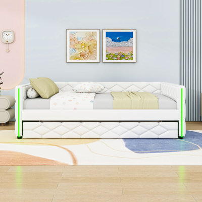 Full XL Upholstered Daybed with LED Armrests, Trundle and Slats
