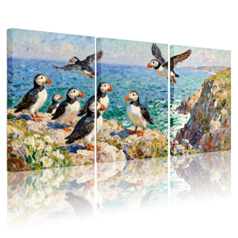 Oiseaux macareux sur une côte rocheuse avec vue sur l'océan, ensemble de 3 impressions sur toile, H 24 po x l 48 po