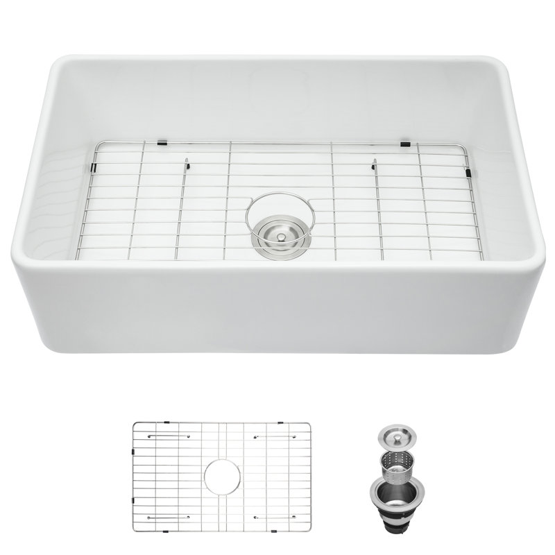 30 Inch Apron Front White Ceramic Single - Bowl Kitchen Sink Scratch Model, Deep, And Simple To Keep Tidy With Basket Strainer Inch Bowl Long Term Value, Stain Included Grid