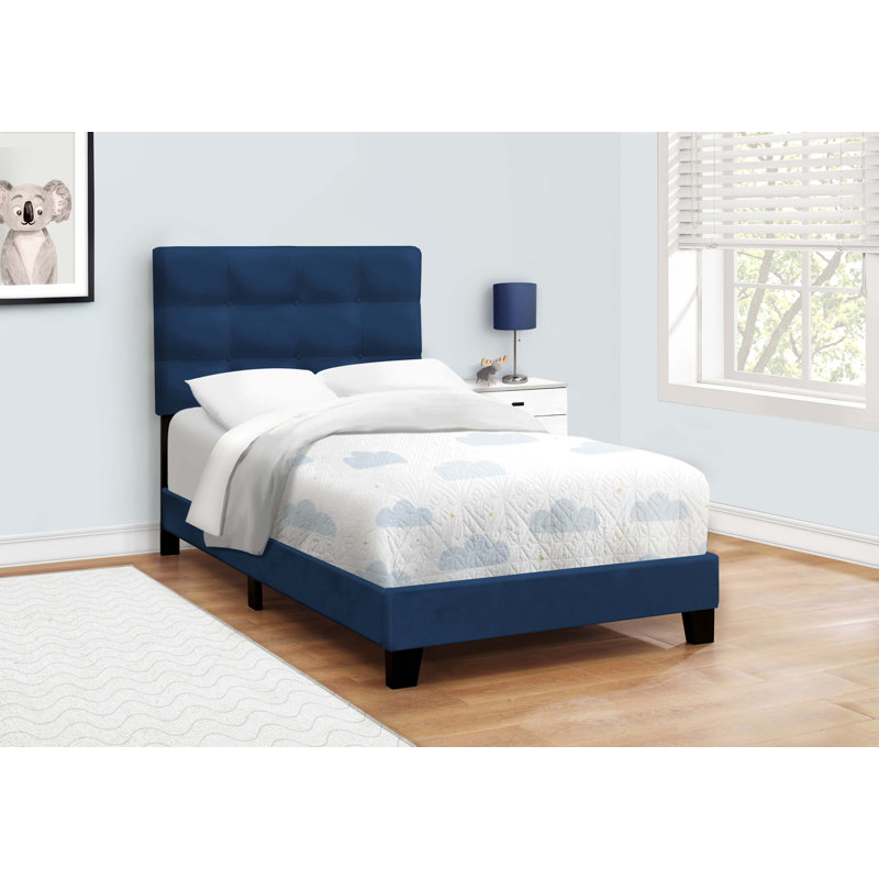 Lit, tapissier, chambre à coucher, velours juvénile avec cadre seulement, transitionnel, Bleu marine