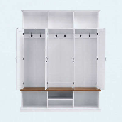 Hall Tree MDF Entryway Storage Bench with Top Cubbies, Hooks & Cabinets, Farmhouse Coat Rack with Shoe Storage